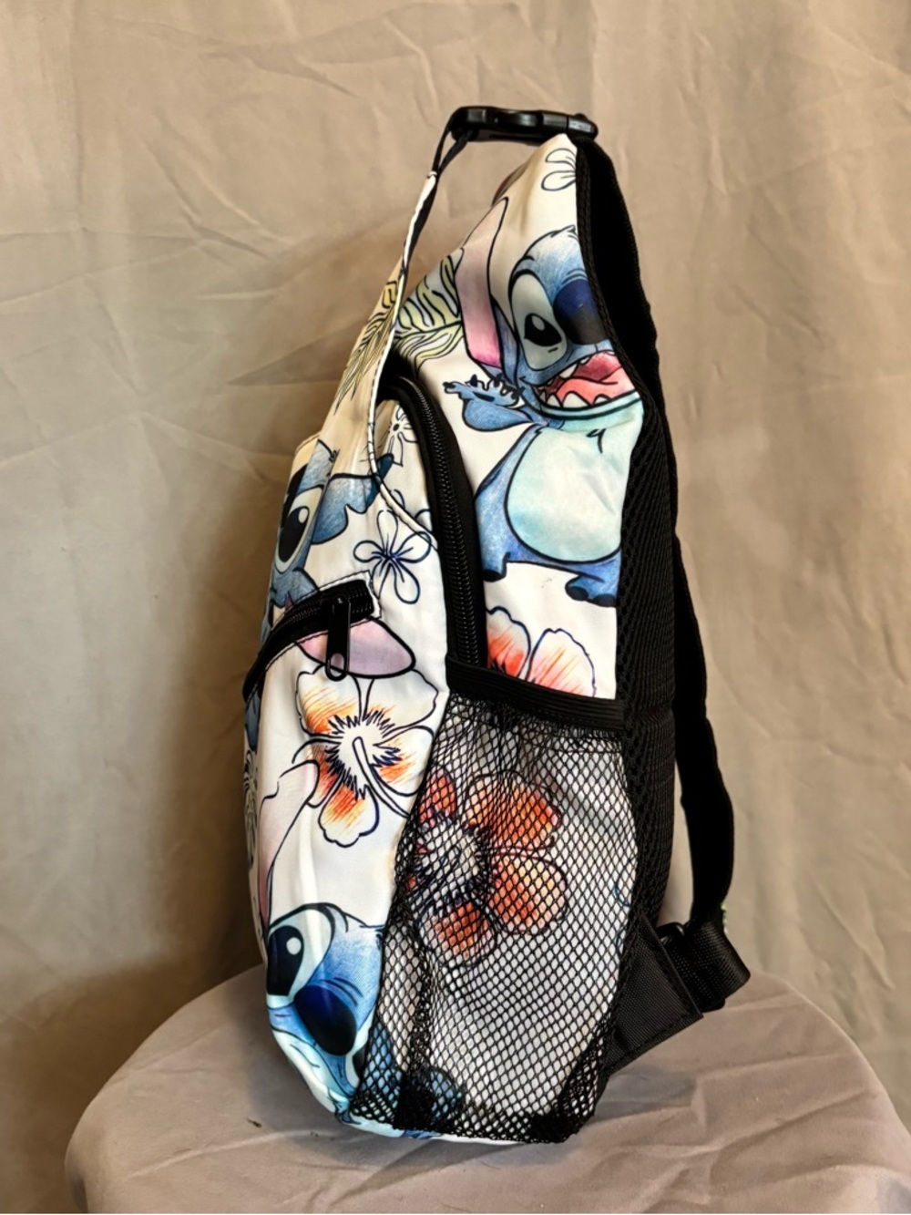 Stitch Print Sling Backpack - White & Blue Floral Design - Picture 2 of 5